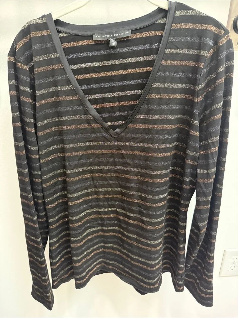 White House Black Market Black V-Neck Metallic Stripe Top